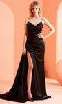 V-neck Strapless Sheath Satin Beaded Slit Pleated Applique Open-Back Fitted Ruched Floor Length Natural Waistline Sheath Dress/Prom Dress with a Brush/Sweep Train