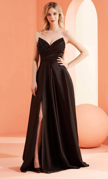 Strapless Satin Floor Length Slit Applique Pocketed Hidden Back Zipper Beaded Natural Waistline Sweetheart Dress with a Brush/Sweep Train