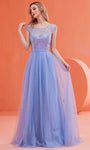 Sophisticated A-line Jeweled Neck Sweetheart Tulle Cap Sleeves Floor Length Glittering Illusion Sheer Sequined Back Zipper Natural Waistline Prom Dress with a Brush/Sweep Train