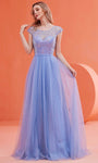 Sophisticated A-line Natural Waistline Tulle Cap Sleeves Floor Length Glittering Sequined Illusion Back Zipper Sheer Jeweled Neck Sweetheart Prom Dress with a Brush/Sweep Train