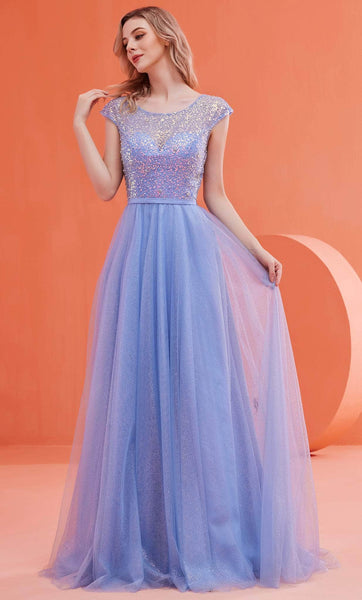 Sophisticated A-line Natural Waistline Tulle Jeweled Neck Sweetheart Floor Length Back Zipper Sequined Sheer Illusion Glittering Cap Sleeves Prom Dress with a Brush/Sweep Train