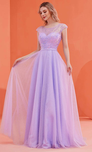 Sophisticated A-line Cap Sleeves Tulle Jeweled Neck Sweetheart Illusion Sheer Back Zipper Glittering Sequined Natural Waistline Floor Length Prom Dress with a Brush/Sweep Train