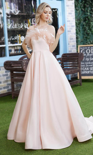 Sophisticated A-line Strapless Satin Natural Waistline Fitted Floor Length Prom Dress with a Brush/Sweep Train