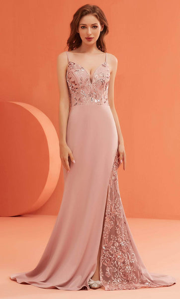 Sophisticated V-neck Floral Print Sheath Natural Waistline Sleeveless Lace Floor Length Embroidered Sheer Fitted Sequined Slit Back Zipper Sheath Dress/Prom Dress with a Brush/Sweep Train