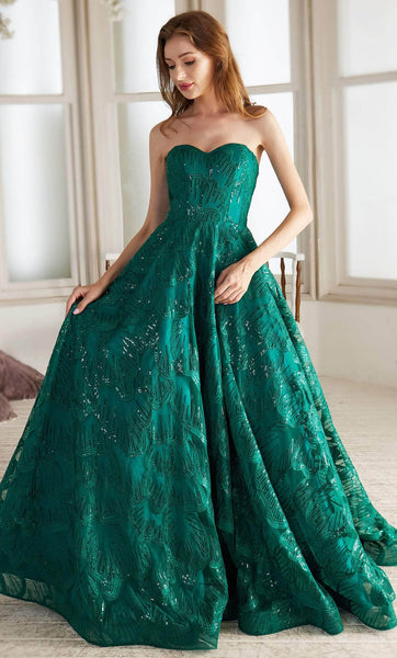A-line Strapless Floor Length Natural Waistline Tulle Sequined Back Zipper Glittering Sweetheart Evening Dress with a Brush/Sweep Train
