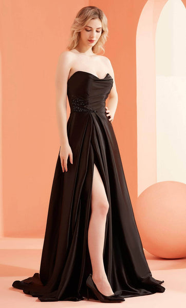 A-line Strapless Natural Waistline Beaded Back Zipper Ruched Slit Floor Length Sweetheart Satin Evening Dress with a Brush/Sweep Train