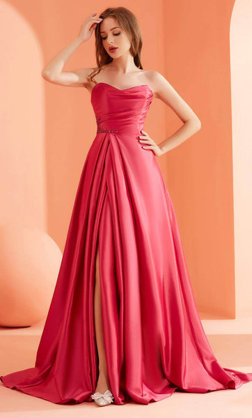 A-line Strapless Sweetheart Satin Natural Waistline Floor Length Beaded Ruched Slit Back Zipper Evening Dress with a Brush/Sweep Train