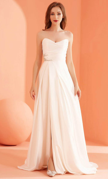 A-line Strapless Natural Waistline Floor Length Sweetheart Satin Slit Beaded Ruched Back Zipper Evening Dress with a Brush/Sweep Train