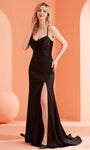 Sleeveless Spaghetti Strap Open-Back Lace-Up Wrap Slit Draped Floor Length Sheath Natural Waistline Scoop Neck Sheath Dress/Evening Dress with a Brush/Sweep Train