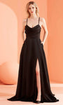 A-line Sleeveless Natural Waistline Scoop Neck Draped Pocketed Slit Lace-Up Floor Length Evening Dress with a Brush/Sweep Train