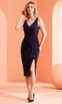 V-neck Cocktail Tea Length Sleeveless Natural Waistline Sheath Slit Fitted V Back Pleated Back Zipper Sheath Dress/Evening Dress/Midi Dress