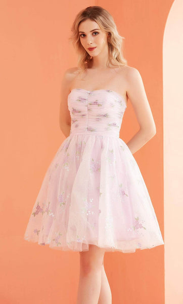 A-line Strapless Above the Knee Natural Waistline Fit-and-Flare Sweetheart Floral Print Fitted Ruched Lace-Up Tulle Dress