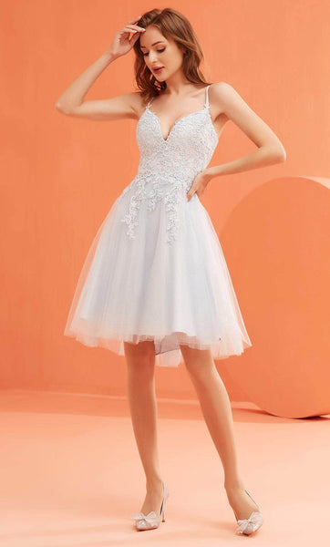 A-line V-neck Fitted Lace-Up Embroidered Glittering Natural Waistline Plunging Neck Above the Knee Dress