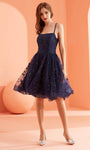 A-line Sleeveless Natural Waistline Fitted Glittering Lace-Up Applique Tulle Straight Neck Cocktail Above the Knee Fit-and-Flare Dress