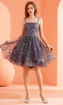 A-line Sleeveless Fit-and-Flare Tulle Cocktail Above the Knee Straight Neck Natural Waistline Fitted Lace-Up Applique Glittering Dress