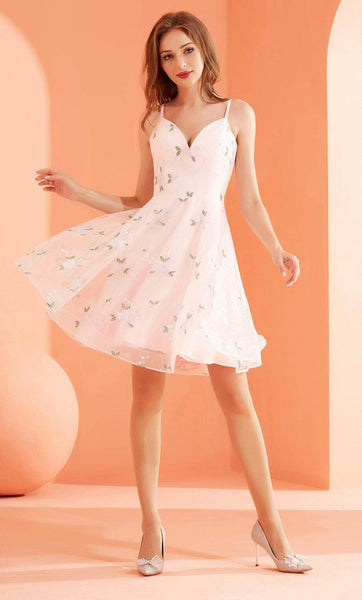 A-line V-neck Tulle Floral Print Short Natural Waistline Embroidered Lace-Up Fitted Sleeveless Spaghetti Strap Fit-and-Flare Dress