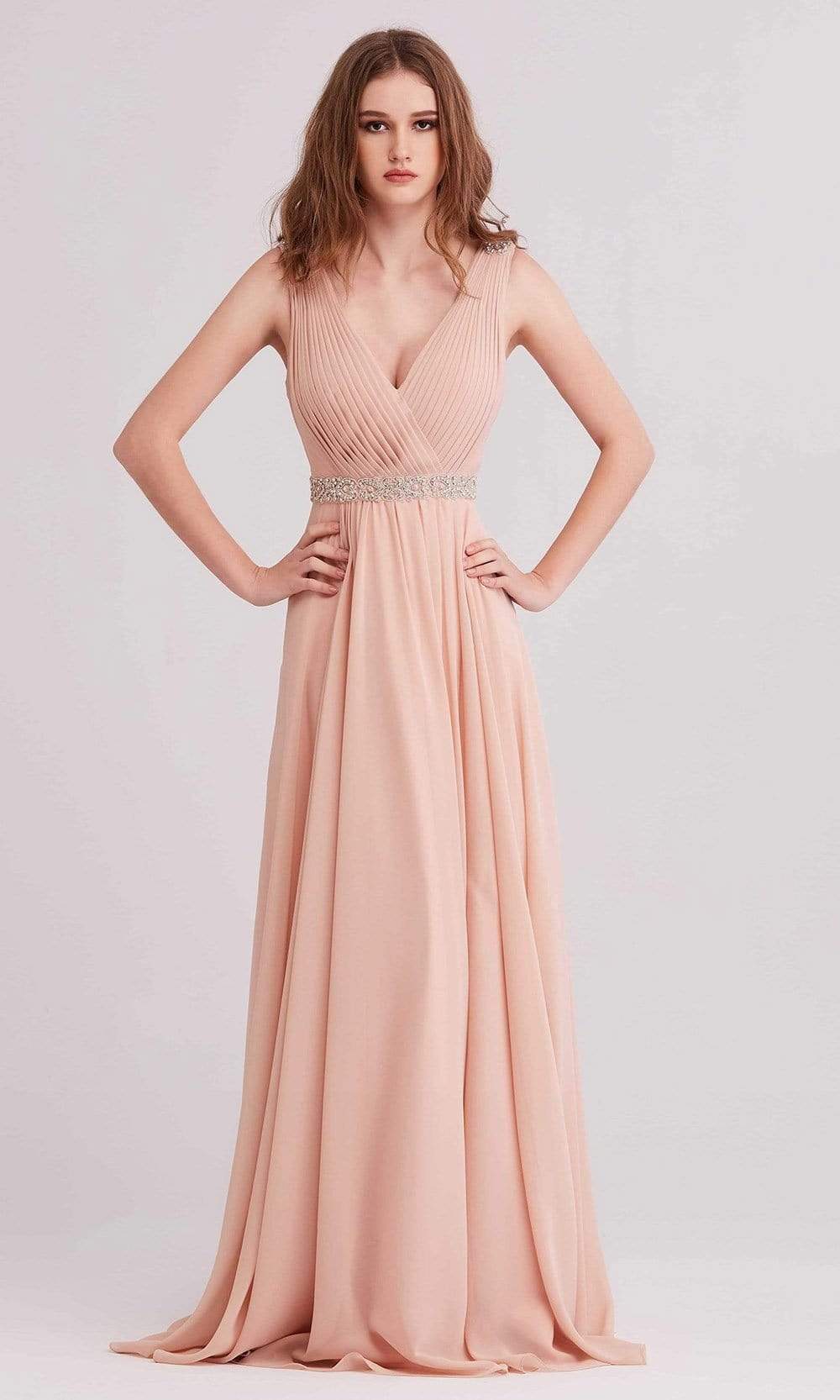 J'Adore Dresses - J15002 Pleated V Neck Beaded Chiffon A-line Gown
