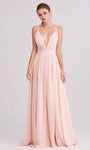 A-line V-neck Sleeveless Natural Waistline Back Zipper Flowy Slit Pleated Plunging Neck Chiffon Party Dress with a Brush/Sweep Train