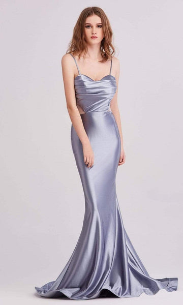 Cowl Neck Sweetheart Floor Length Sleeveless Spaghetti Strap Illusion Fitted Pleated Back Zipper Satin Natural Waistline Mermaid Evening Dress with a Brush/Sweep Train