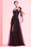 A-line V-neck Natural Waistline Back Zipper Slit Fitted Plunging Neck Evening Dress with a Brush/Sweep Train With a Bow(s)