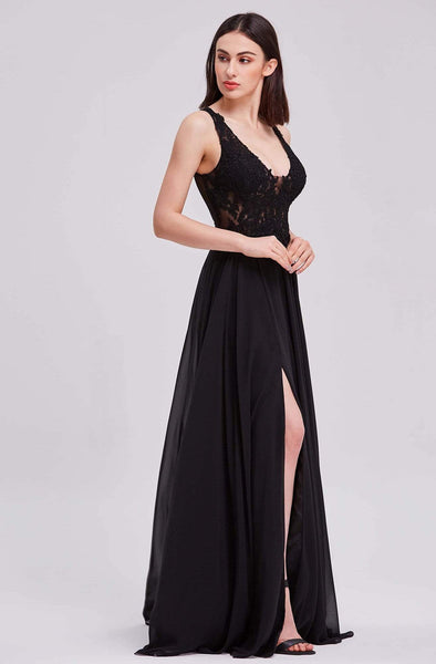 A-line Sheer Embroidered Fitted Slit Sleeveless Natural Waistline Scoop Neck Dress with a Brush/Sweep Train