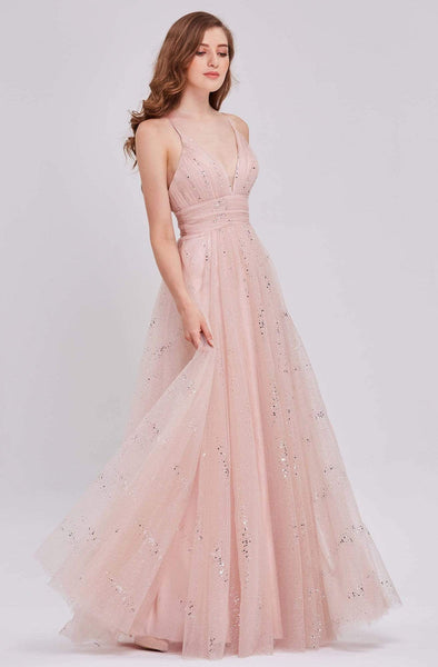 A-line V-neck Tulle Plunging Neck Floor Length Pleated Ruched Fitted Fall Empire Waistline Spaghetti Strap Evening Dress