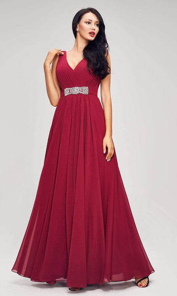 Sophisticated A-line V-neck Belted Fitted Pleated V Back Chiffon Sleeveless Floor Length Natural Waistline Evening Dress