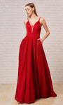 A-line V-neck Pocketed Sheer Glittering Fitted Sleeveless Natural Waistline Plunging Neck Dress with a Brush/Sweep Train