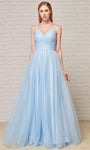 A-line V-neck Floor Length Tulle Spaghetti Strap Lace-Up Pleated Glittering Corset Natural Waistline Dress