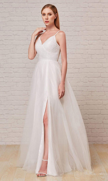 A-line V-neck Tulle Glittering Pleated Lace-Up Corset Natural Waistline Floor Length Spaghetti Strap Dress