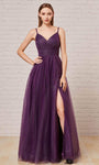 A-line V-neck Floor Length Spaghetti Strap Tulle Corset Natural Waistline Pleated Lace-Up Glittering Dress