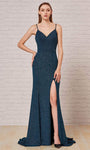 V-neck Jersey Natural Waistline Spaghetti Strap Back Zipper Glittering Slit Open-Back Mermaid Dress with a Brush/Sweep Train