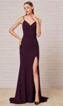 V-neck Natural Waistline Slit Glittering Open-Back Back Zipper Jersey Spaghetti Strap Mermaid Dress with a Brush/Sweep Train