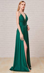 A-line V-neck Satin Slit Back Zipper Ruched Empire Waistline Spaghetti Strap Plunging Neck Dress with a Brush/Sweep Train