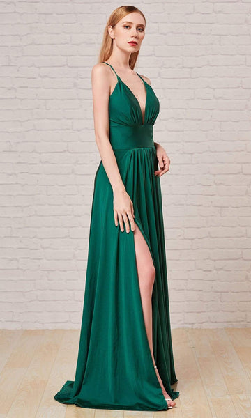 A-line V-neck Empire Waistline Satin Slit Ruched Back Zipper Spaghetti Strap Plunging Neck Dress with a Brush/Sweep Train