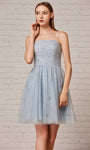 A-line Tulle Natural Waistline Cocktail Short Sleeveless Spaghetti Strap Straight Neck Lace-Up Glittering Pleated Fitted Dress