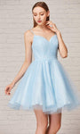 A-line V-neck Tulle Cocktail Above the Knee Pleated Fitted Glittering Sleeveless Spaghetti Strap Natural Waistline Dress