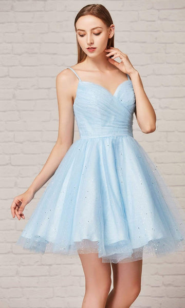 A-line V-neck Tulle Cocktail Above the Knee Natural Waistline Fitted Glittering Pleated Sleeveless Spaghetti Strap Dress