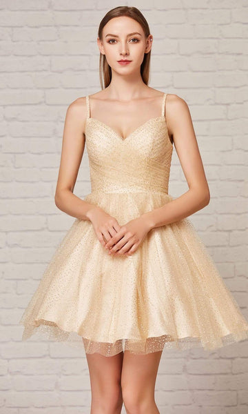 A-line V-neck Natural Waistline Tulle Cocktail Above the Knee Fitted Pleated Open-Back Glittering Back Zipper Spaghetti Strap Evening Dress