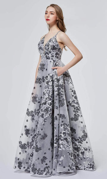 Tall Sophisticated A-line V-neck Jacquard Back Zipper Sheer Plunging Neck Sleeveless Spaghetti Strap Natural Waistline Floral Print Floor Length Dress with a Brush/Sweep Train