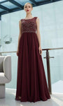 Sophisticated A-line Floor Length Sleeveless Bateau Neck Natural Waistline Chiffon Beaded Flowy Back Zipper Evening Dress/Bridesmaid Dress with a Brush/Sweep Train