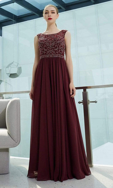 Sophisticated A-line Sleeveless Floor Length Back Zipper Beaded Flowy Bateau Neck Natural Waistline Chiffon Evening Dress/Bridesmaid Dress with a Brush/Sweep Train