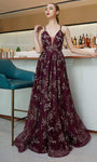 Sophisticated A-line V-neck Plunging Neck Glittering Sheer Lace-Up Open-Back Floral Print Tulle Sleeveless Spaghetti Strap Floor Length Natural Waistline Evening Dress with a Brush/Sweep Train