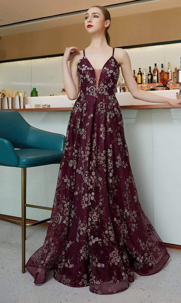 Sophisticated A-line V-neck Plunging Neck Floor Length Tulle Natural Waistline Sleeveless Spaghetti Strap Glittering Open-Back Sheer Lace-Up Floral Print Evening Dress with a Brush/Sweep Train