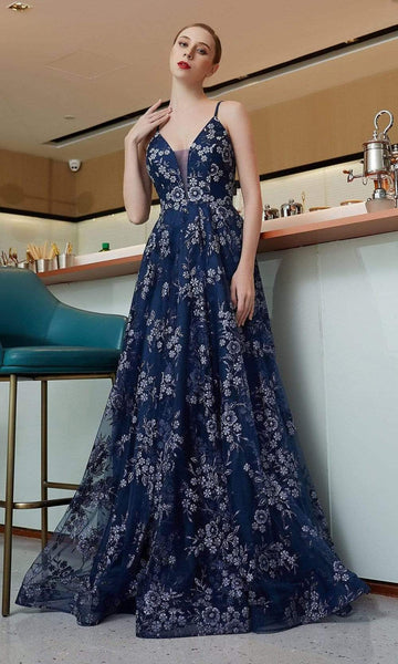 Sophisticated A-line V-neck Plunging Neck Lace-Up Open-Back Glittering Sheer Floral Print Sleeveless Spaghetti Strap Natural Waistline Floor Length Tulle Evening Dress with a Brush/Sweep Train