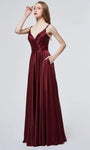 A-line V-neck Satin Flowy Pleated Pocketed Back Zipper Sleeveless Spaghetti Strap Natural Waistline Floor Length Dress with a Brush/Sweep Train