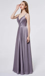 A-line V-neck Natural Waistline Satin Flowy Pocketed Pleated Back Zipper Sleeveless Spaghetti Strap Floor Length Dress with a Brush/Sweep Train