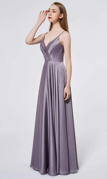 A-line V-neck Satin Floor Length Sleeveless Spaghetti Strap Natural Waistline Pleated Flowy Back Zipper Pocketed Dress with a Brush/Sweep Train