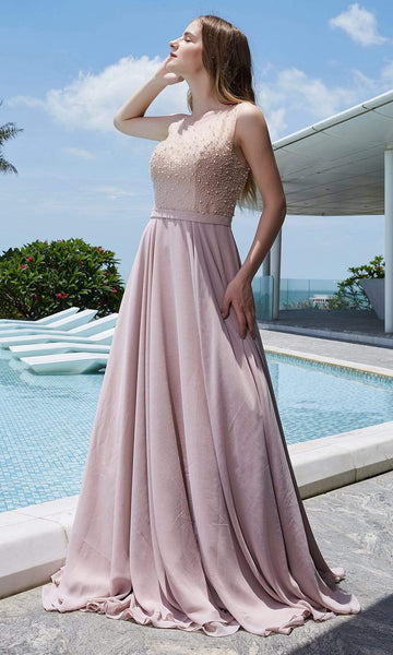 A-line Chiffon Sleeveless Jeweled Neck Natural Waistline Back Zipper Illusion Beaded Sheer Cutout Jeweled Dress with a Brush/Sweep Train With Pearls