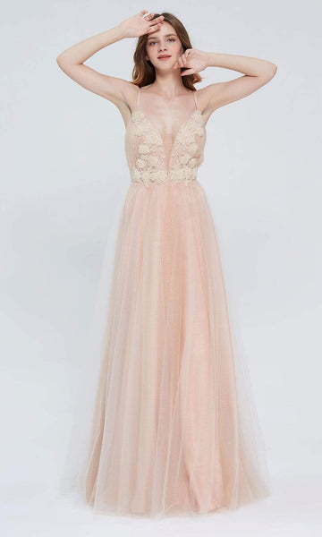 V-neck Sleeveless Spaghetti Strap Tulle Natural Waistline Plunging Neck Back Zipper Beaded Gathered Glittering Open-Back Sheer Ruched Crystal Applique Party Dress with a Brush/Sweep Train